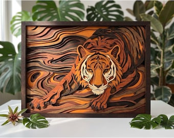 MD262 Tiger Layered Wood SVG, Floral Tiger art Laser Cut File, Wildlife Wall Art, Multi Layer Glowforge Design, CNC Animal Pattern
