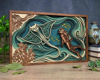 MD382 Arte de parede oceânica em madeira em camadas, arquivo de corte a laser de recife de coral e arraia-manta, arte de parede de recife de coral.