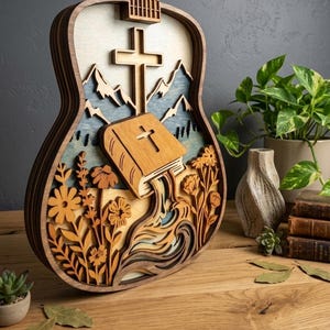 MD407 Mandala Madera en capas Guitarra cristiana Madera en capas SVG, Cruz Biblia Montaña Archivo de corte láser, Arte mural de música de fe,