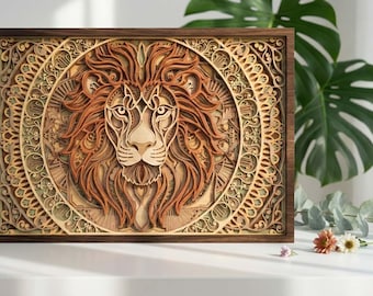 May include: A layered wooden artwork featuring a detailed lion's head with a flowing mane. The artwork is framed in dark brown wood and showcases intricate patterns and textures in shades of brown and tan. The lion is centered within a circular design.