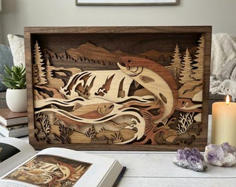 MD104 Salmón en capas, peces y bosque, arte mural SVG, escena de pesca 3D, archivo de corte láser, arte en madera, diseño láser CNC, archivo svg de corte láser