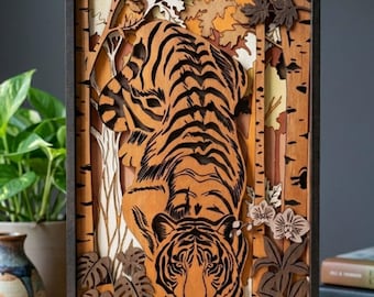 MD66 Bosque de tigre en capas y montaña Nieve Arte de pared SVG 3D Bosque Tigre Archivo de corte láser Arte de madera Diseño láser CNC Archivo SVG cortado con láser