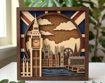 MD481 London Shadow Box SVG, Big Ben 3D Layered Laser Cut File, Multilayer London Skyline Wall Art, UK Travel Decor, Glowforge Cricut