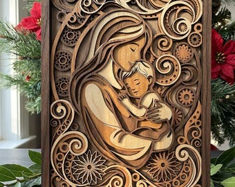 MD114 Mandala a Laser Mãe e Filho SVG 3D Dia das Mães na Floresta Arquivo de Corte a Laser Arte em Madeira CNC Design a Laser Camadas Senhora