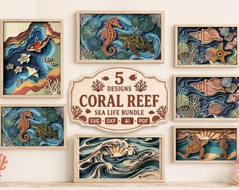 CB03 5 Paquete de archivos SVG de madera en capas con temática de arrecifes de coral y vida marina, archivos de corte láser de animales marinos, arte mural de caballitos de mar, tortugas y olas, Glowforge