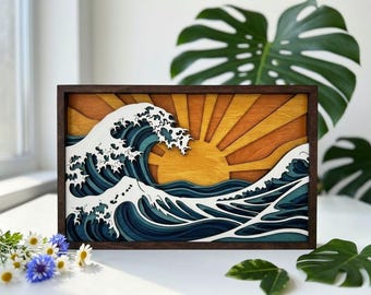 MD388 Onda do Oceano ao pôr do sol em Madeira em Camadas SVG, Arquivo de Corte a Laser de Onda Japonesa, Arte de Parede Costeira, Padrão CNC Glowforge