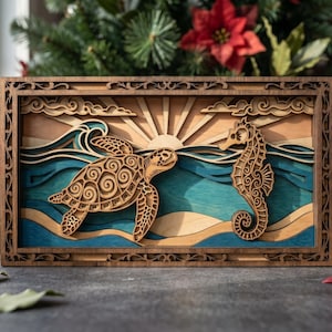 May include: Wooden layered art piece featuring a sea turtle and seahorse in an ocean scene. The artwork has a wooden frame and depicts waves, sun rays, and clouds. The colors include shades of brown, blue, and tan.