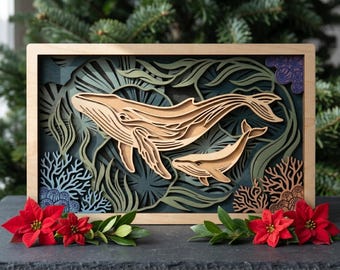 MD366 Familia de ballenas en madera laminada SVG, archivo de corte láser de ballena oceánica, arte de pared de arrecife de coral Glowforge CNC