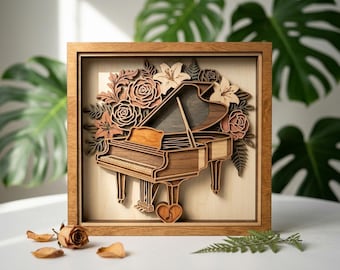 MD146 Arte mural de piano SVG 3D Escena de naturaleza boscosa Archivo de corte láser Arte de madera multicapa CNC diseños de música de madera svg, archivo láser de música