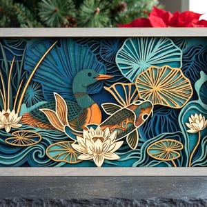 MD400 Koi Fish Duck Lotus Pond Layered Wood SVG, Water Garden Laser Cut File, Pond Animal Wall Art Glowforge