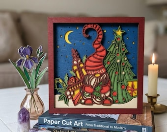 MD502 Christmas Gnome Shadow Box SVG, plik wycinany laserowo z warstwami 3D, ozdoby ścienne w kształcie choinki, wielowarstwowy prezent świąteczny CNC Glowforge