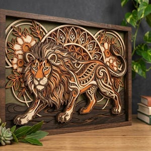 May include: A multi-layered wooden wall art piece featuring a central lion with intricate cut-out patterns. The lion is surrounded by floral motifs and circular geometric designs in shades of brown, tan, and olive green, all encased in a dark wood frame.