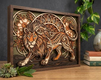 May include: A multi-layered wooden wall art piece featuring a central lion with intricate cut-out patterns. The lion is surrounded by floral motifs and circular geometric designs in shades of brown, tan, and olive green, all encased in a dark wood frame.