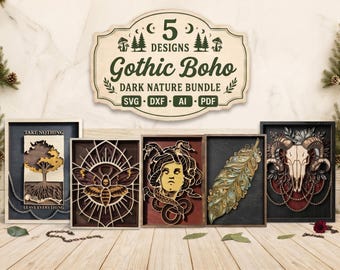 Pakiet CB10 5 gotycko-boho z warstwami drewna w kolorze ciemnej natury SVG, pliki wycinane laserowo z piórem czaszki ćmy śmierci, sztuka ścienna w stylu boho Glowforge