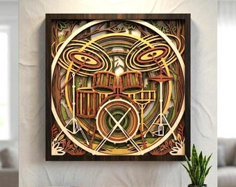 May include: A square, multi-layered wooden wall art piece featuring a circular cutout design of a drum kit. The artwork uses various shades of brown, tan, and green wood to create depth, depicting drums, cymbals, and crossed drumsticks within a forest-themed background.