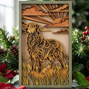 May include: Wooden layered art piece featuring a Golden Retriever dog in a field with a sunset background. The artwork is framed in a green-gray color. The dog is detailed with intricate patterns and the overall color palette is warm.