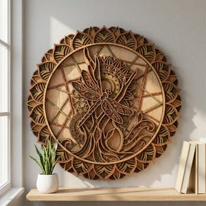 May include: A round, layered wooden wall art piece featuring a dragonfly design. The artwork has a mandala-like pattern with intricate details and natural wood tones. The dragonfly is the focal point, with a detailed wing design. The piece is displayed on a wall.