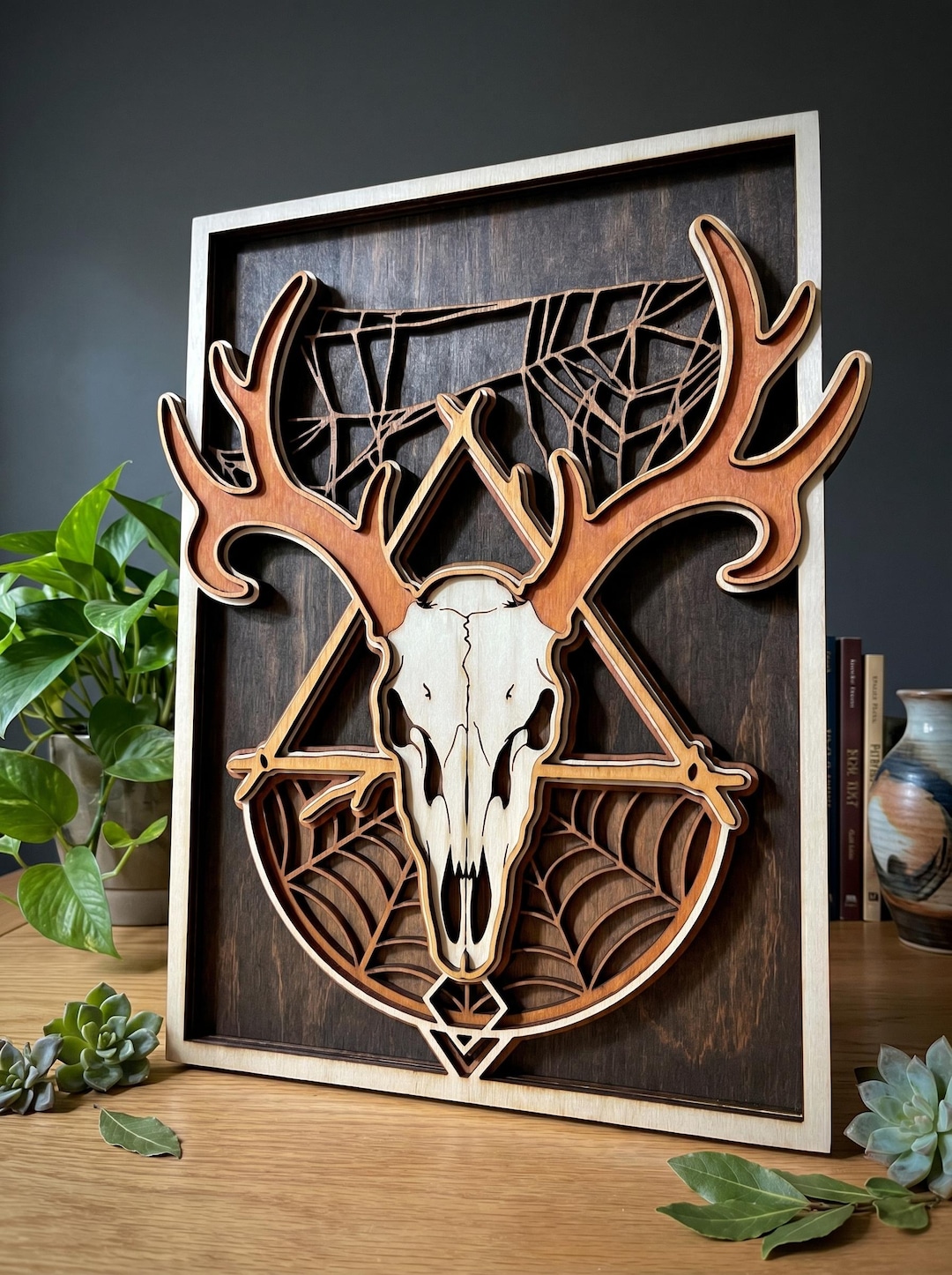 Deer skull layered wood laser cut wall art with antlers — gothic nature design