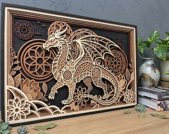 Arte mural SVG de mandala de madera de dragón en capas con flores – Archivo de corte láser 3D de bosque (descarga digital) SVG de fantasía galáctica para niños