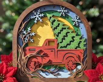 Choinka świąteczna z czerwoną ciężarówką MD507 w formacie SVG, plik wycinany laserowo z warstwową ciężarówką rolniczą 3D, grafika ścienna Arch Shadow Box, wielowarstwowa grafika CNC Glowforge