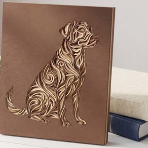 May include: A wooden artwork depicting a dog in a sitting position, created using layered wood. The design showcases a detailed, swirling pattern, with varying shades of brown and beige. The piece is a decorative item.