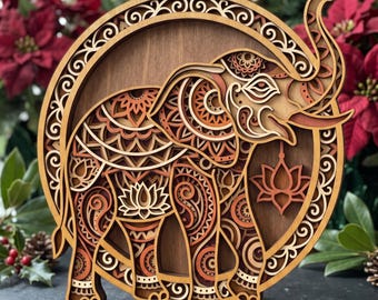 MD554 Mandala słonia SVG, plik wycinany laserowo z henny boho ze słoniem, trójwymiarowa, okrągła, warstwowa dekoracja stojąca, Glowforge CNC, Lotus SVG