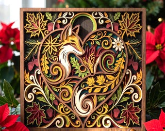 May include: A square wooden wall art piece featuring a multi-layered laser-cut design of a fox curled within a heart shape. The intricate composition includes autumn leaves, acorns, and floral patterns in shades of orange, yellow, red, and green.