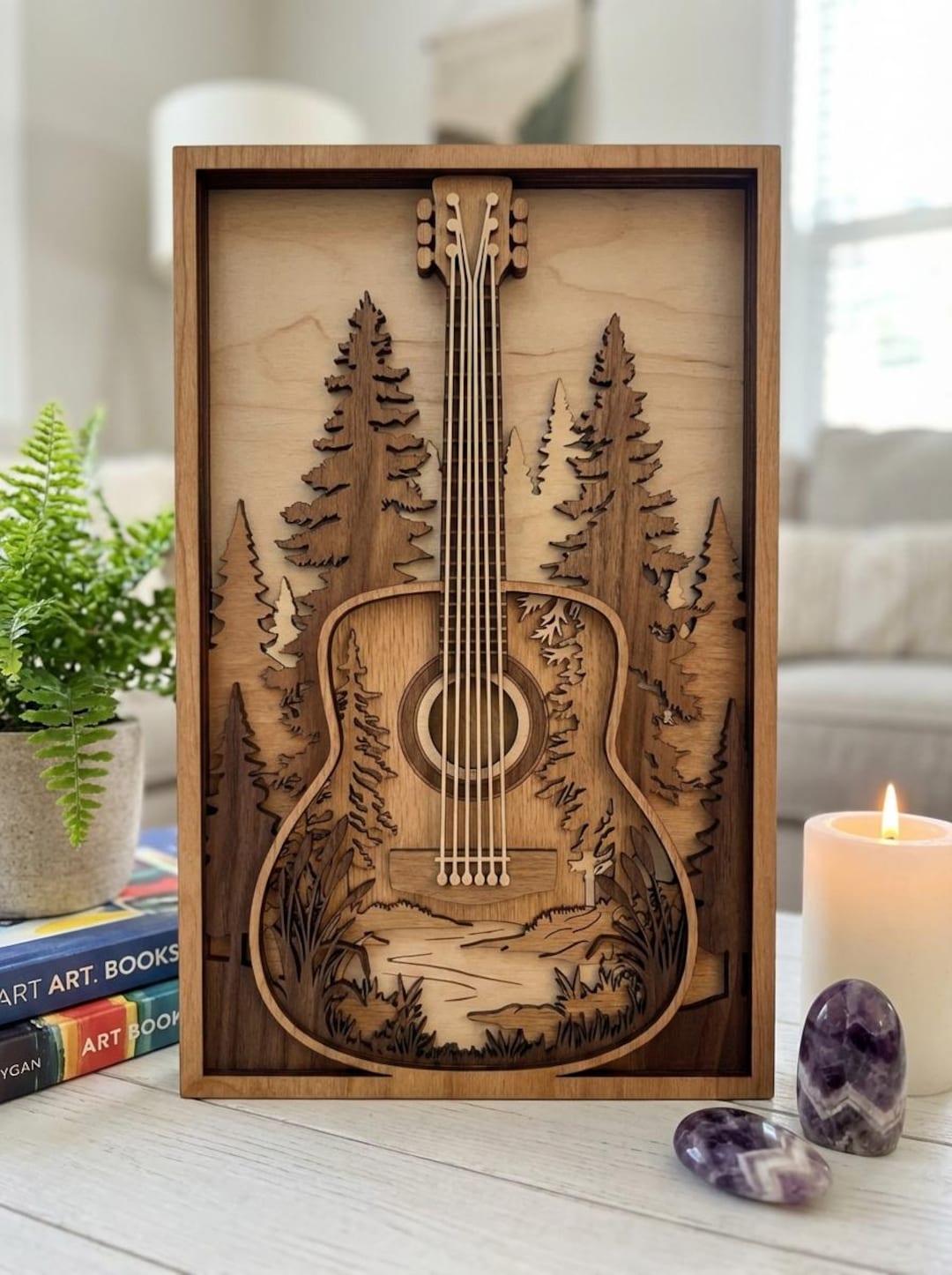 MD115 Layered Guitar Woodland Scene Wall Art, Multi-layer Wood