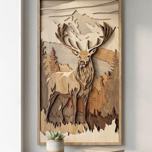May include: Wooden wall art featuring a detailed depiction of a stag in a forest scene. The artwork is crafted from layered wood, showcasing a mountain backdrop and trees. The stag has large antlers and is set within a natural, earthy color palette.