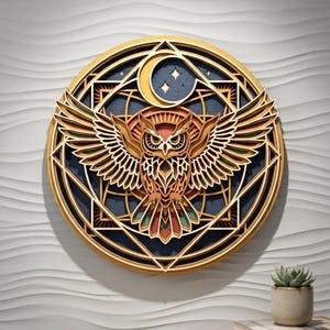 May include: A circular multi-layered wall art piece featuring a central owl with outstretched wings. The design includes a crescent moon and stars set against a dark blue background, framed by geometric shapes in shades of gold and brown.