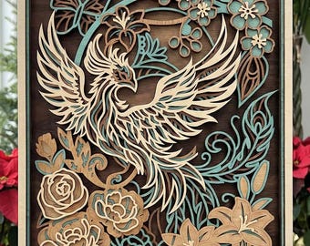 CMD38 Arte de pared cortado con láser Phoenix en capas SVG 3D Archivo de corte láser de Woodland Phoenix Arte de madera CNC Archivo SVG cortado con láser Phoenix multicapa