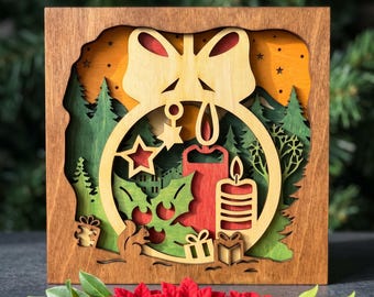 MD511 Christmas Ornament Shadow Box SVG, plik wycinany laserowo w trzech warstwach z motywem świecy i kokardy, dekoracja ścienna w świątecznym lesie, plik CNC Glowforge