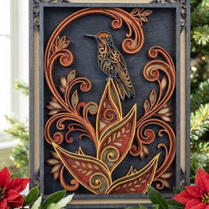 May include: A layered wooden wall art piece featuring a hummingbird perched atop a stylized flower. The artwork uses shades of brown, orange, and grey, with intricate cut-out details. The frame is dark blue.