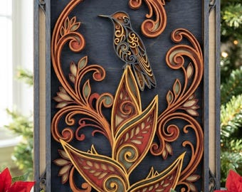 MD241 Mandala de colibrí y flor en capas y arte de pared de engranajes SVG 3D Archivo de corte láser de ciervo del bosque Arte en madera Diseño láser CNC