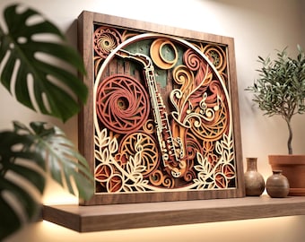 May include: A square wooden wall art piece featuring a multi-layered laser-cut design of a saxophone centered within an arched frame. The artwork incorporates intricate swirling patterns, musical notes, and a cityscape silhouette in shades of brown, tan, and muted green.