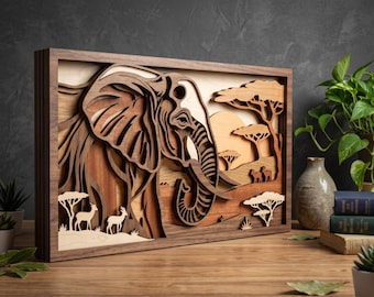 MD148 Elefante Safari Madera en Capas SVG, Archivo de Corte Láser de Vida Silvestre Africana, Arte de Pared de Madera 3D, Diseño CNC Glowforge, Decoración de Paisaje de Sabana