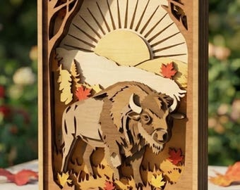 MD71 Layered Bison Nature Wall Art SVG 3D Buffalo Forest & Sun Laser Cut File Wood Art  CNC Laser Design laser cut svg file