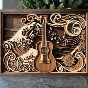 Puede incluir: Una pieza de arte mural de madera multicapa que presenta la silueta central de una guitarra acústica rodeada de intrincados diseños cortados con láser de olas estilizadas, patrones de remolinos, notas musicales y motivos florales geométricos.