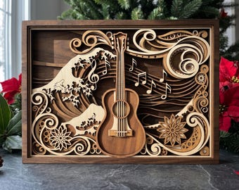 MD489 Ukulele Arte de pared SVG Escena de naturaleza boscosa 3D Archivo de corte láser Arte de madera multicapa CNC diseños de música de madera svg, archivo láser de música