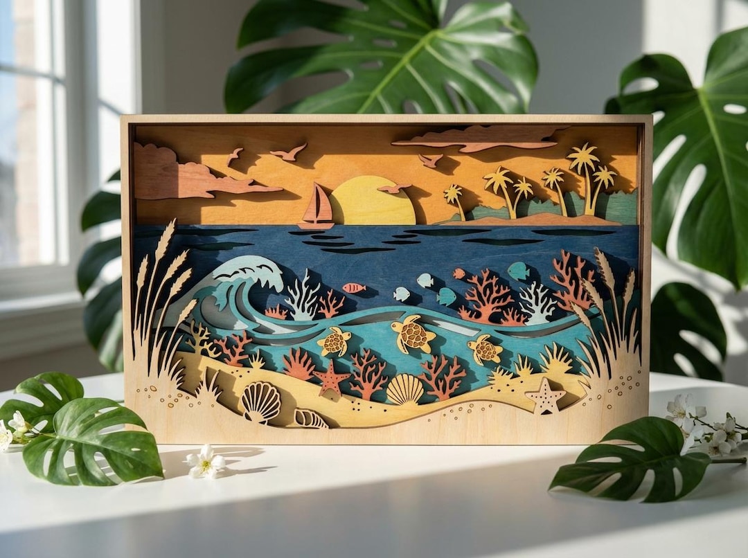 MD100 Layered Boat Ocean Wave and Sunset Wall Art SVG 3D Woodland ...