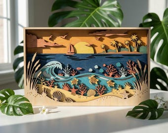 MD100 Layered boat ocean wave and sunset Wall Art SVG 3D Woodland Nature Scene Laser Cut File Wood Art  CNC Laser Design laser cut svg file