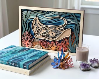 MD368 Manta Raya Madera en Capas SVG, Raya Océano Archivo de Corte Láser, Arte de Pared de Arrecife de Coral Patrón CNC Glowforge