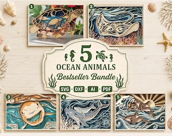 CB02 Paquete de archivos SVG de animales marinos en capas: tortuga marina, ballena, tiburón. Archivos de arte en madera para descarga digital.
