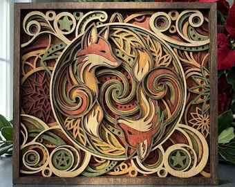 MD125 Mandala de zorro en capas Arte de pared SVG Lobo del bosque 3D Archivo de corte láser Arte en madera Diseño láser CNC Archivo svg de corte láser Búho cortado con láser