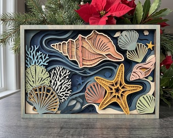 MD381 Concha Marinha Estrela-do-Mar em Camadas de Madeira SVG, Arquivo de Corte a Laser de Recife de Coral, Arte de Parede com Conchas do Oceano, Decoração de Praia Glowforge