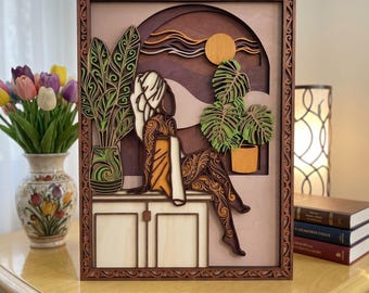 MD270 Mujer africana Arte en madera en capas SVG, archivo de corte láser de ola oceánica, decoración de pared para baño, escena de mujer en madera 3D, diseño CNC Glowforge