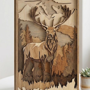 May include: A wooden wall art piece featuring a layered design of a majestic elk in a forest setting. The artwork showcases a mountain backdrop and detailed trees, all crafted from natural wood tones. The elk has large antlers.