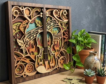 May include: A multi-layered wooden wall art piece featuring a central violin silhouette integrated with a forest scene containing deer, musical notes, and swirling decorative patterns in shades of brown, green, and tan, all encased in a dark wood frame.