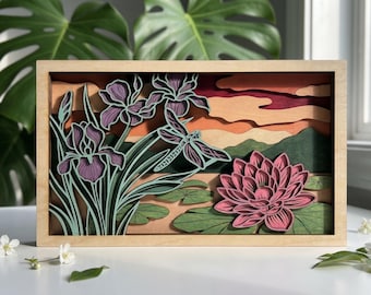 MD373 Libélula flor de iris en capas de madera SVG, estanque de loto archivo de corte láser, arte floral de pared Glowforge CNC