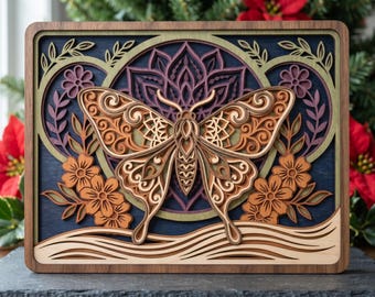 MD371 Mandala de mariposa en madera en capas SVG, archivo de corte láser de mariposa floral, arte mural botánico Glowforge CNC